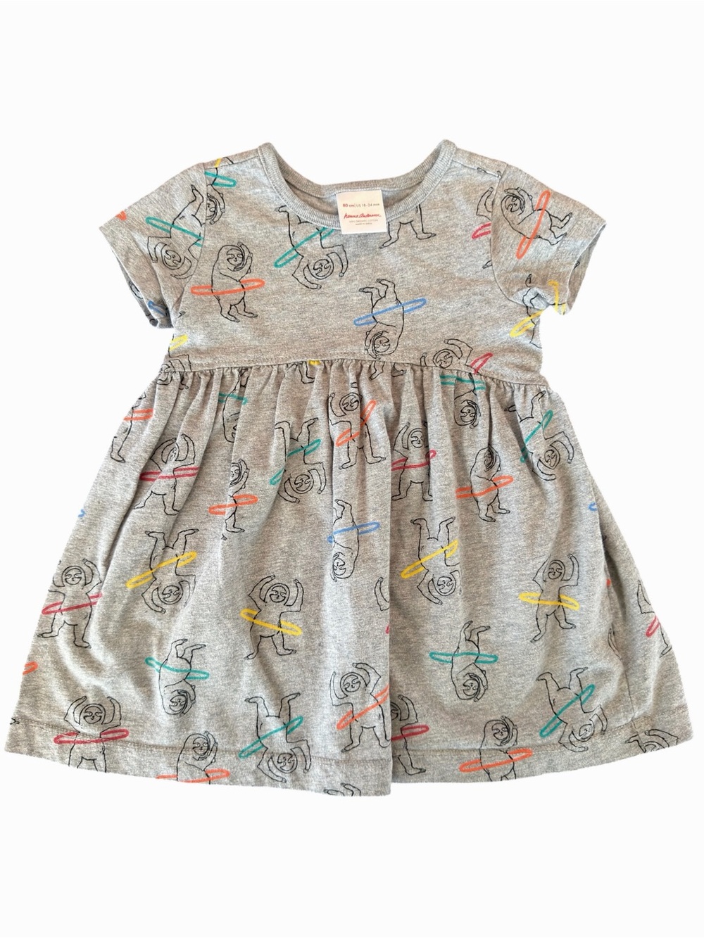 Hanna Andersson Gray Jersey Dress with sloths hula hooping 18-24 mo